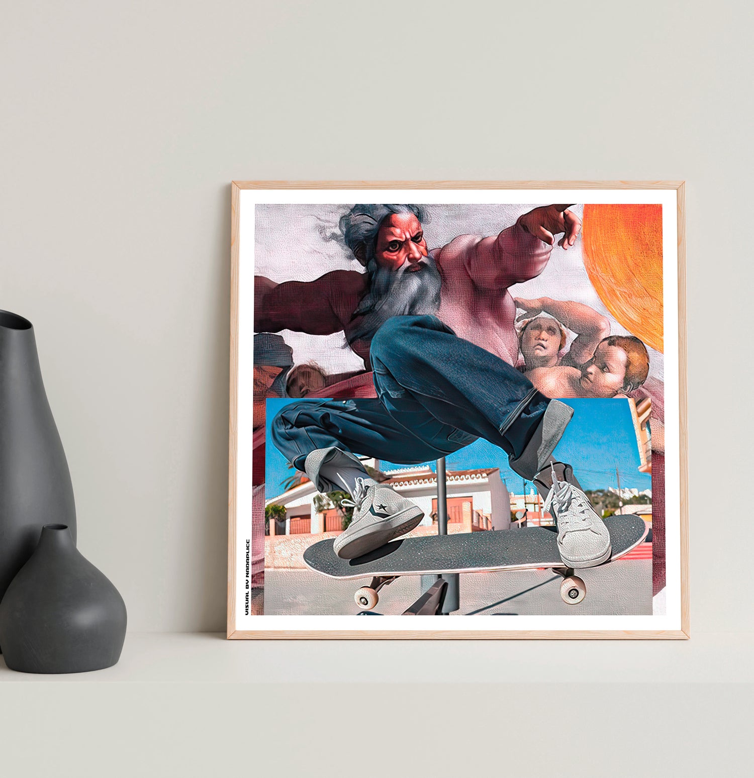Mockup du tirage d’art Skate the Skies sous cadre blanc pour décoration murale