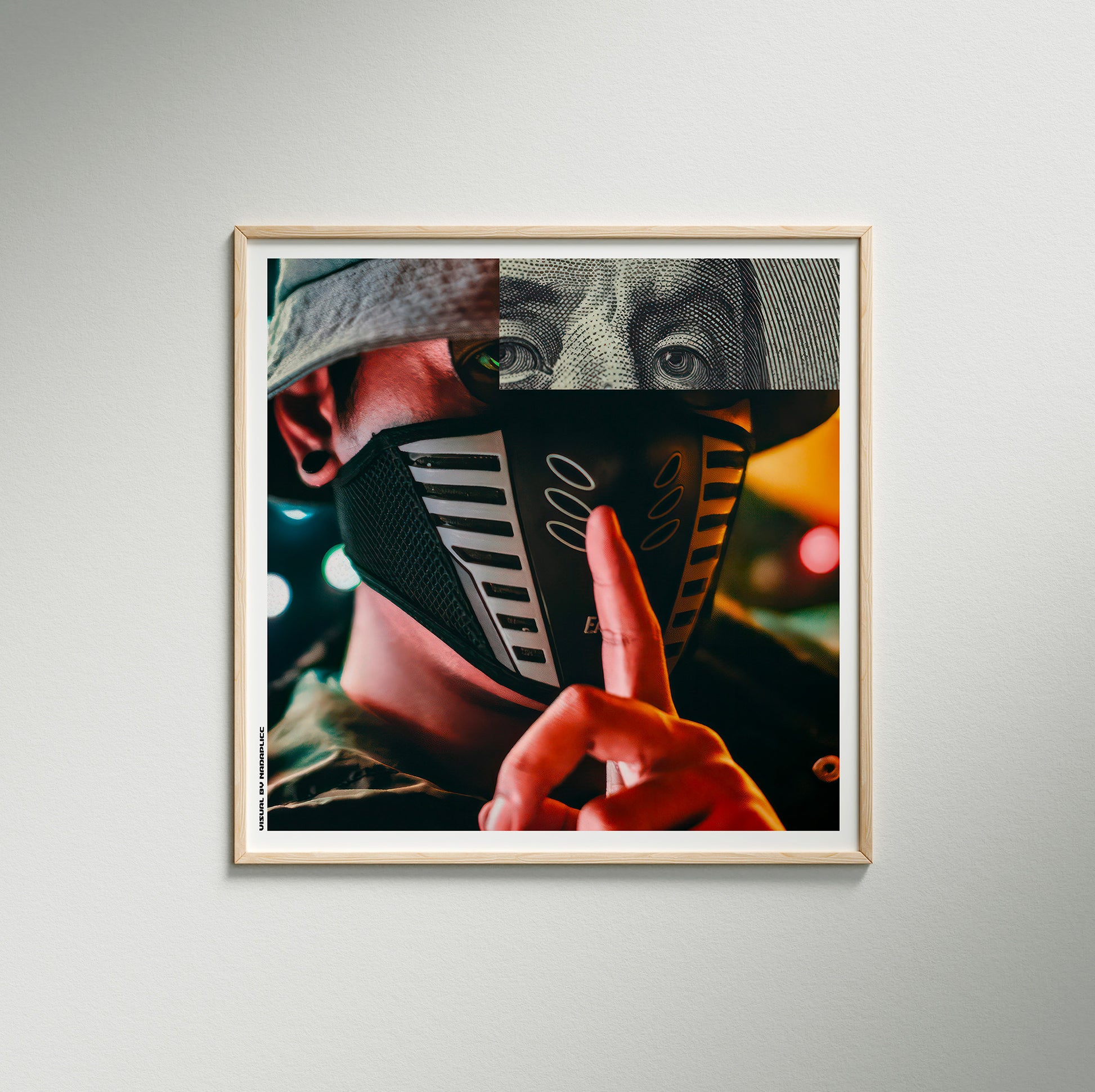Mockup du tirage d’art Shut ! Money Talks sous cadre pour décoration murale