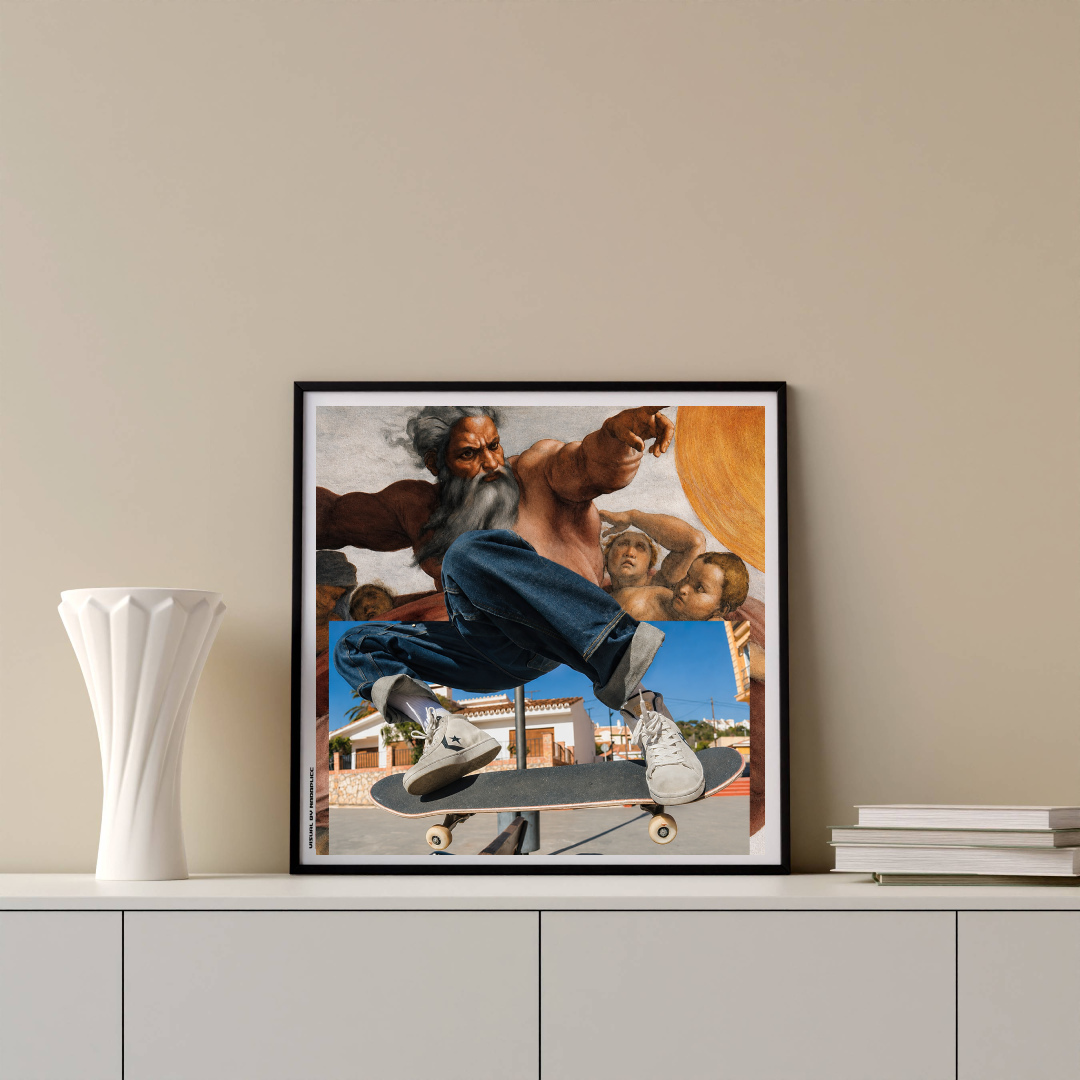 Mockup du tirage d’art Skate the Skies sous cadre pour décoration murale